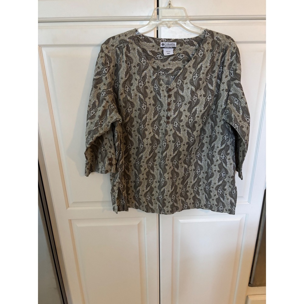 Columbia Womens XL Paisley Tunic Top Olive Brown 3/4 Sleeve Button Neck AL7308